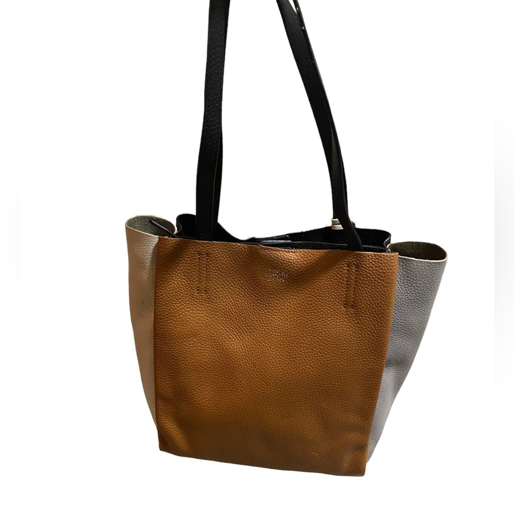 Vince Camuto Women's 100% Leather Tote Bag Camel Gray Black Color Block Zip Boho